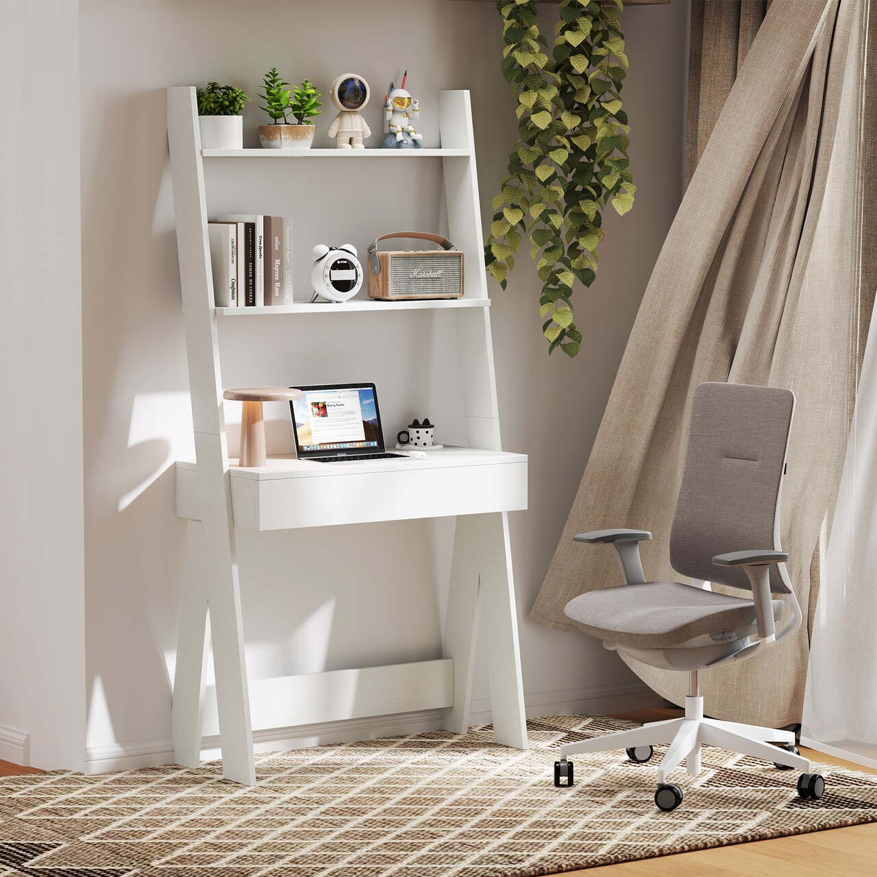 Wall Leaning Ladder Desk with Drawer and Shelves for Small Spaces
